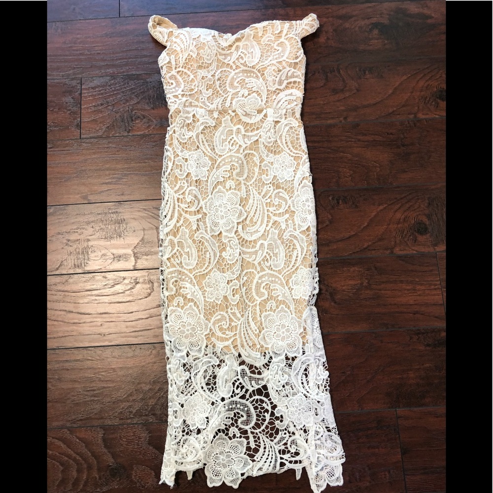 White and tan lace dress